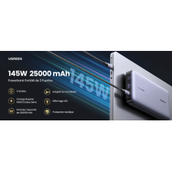 Power Bank de 25000mAh | 3 Salidas 145W Max. | USB-A + 2 USB-C