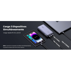 Power Bank de 25000mAh | 3 Salidas 145W Max. | USB-A + 2 USB-C